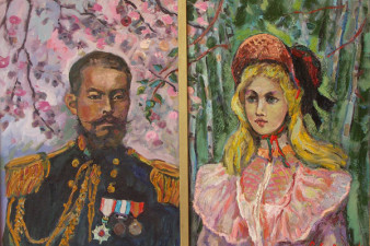 Жених и невеста (жених – капитан 2-го ранга Такео Хиросе – начальник флотилии японских брандеров, национальный герой Японии, погиб 27 марта 1904 года при попытке загородить выход из Порт-Артура; невеста – Ариадна Ковалевская – девушка из Санкт-Петербурга, дочь контр-адмирала Ковалевского). 2004. Холст, масло, 85х114
